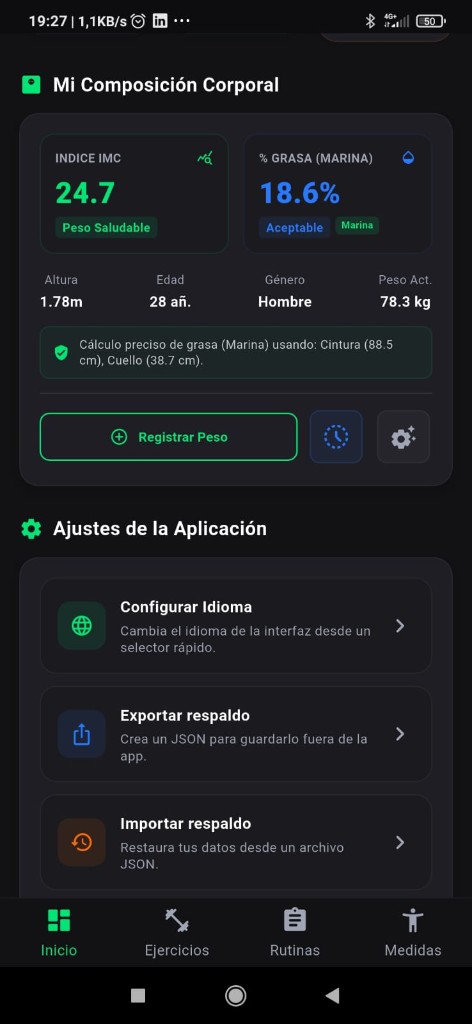 Ajustes de RepMax con opciones Exportar e Importar respaldo