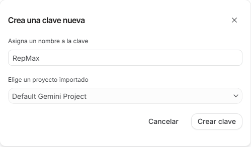 Ventana para crear clave de API con nombre RepMax