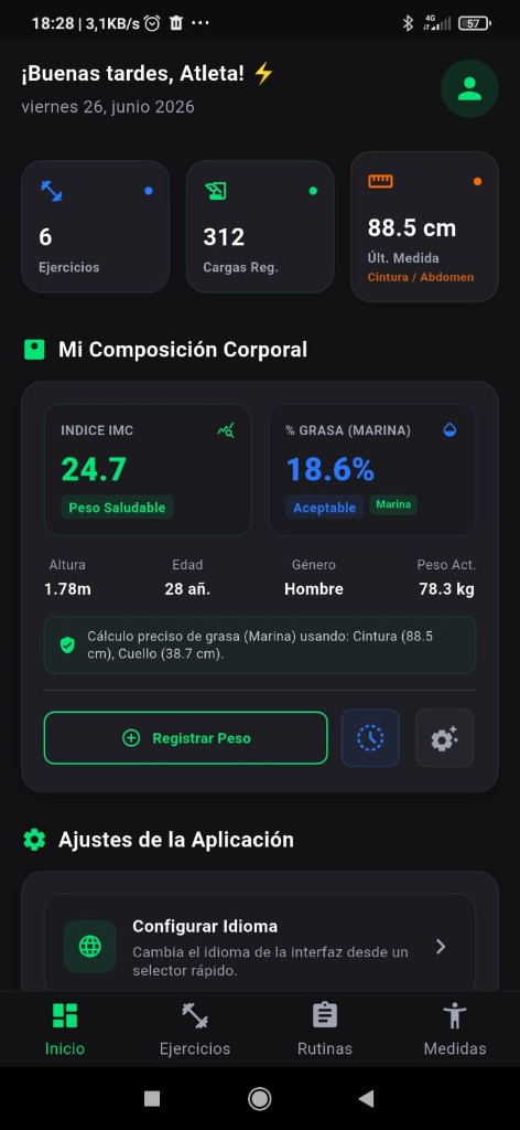 Dashboard de composición corporal con IMC y grasa Marina