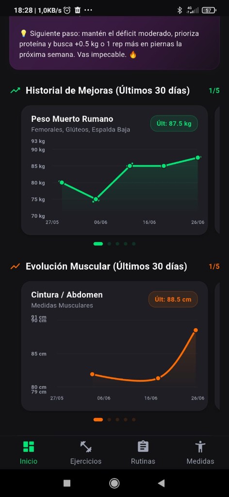 Gráficos de mejoras de cargas y evolución muscular