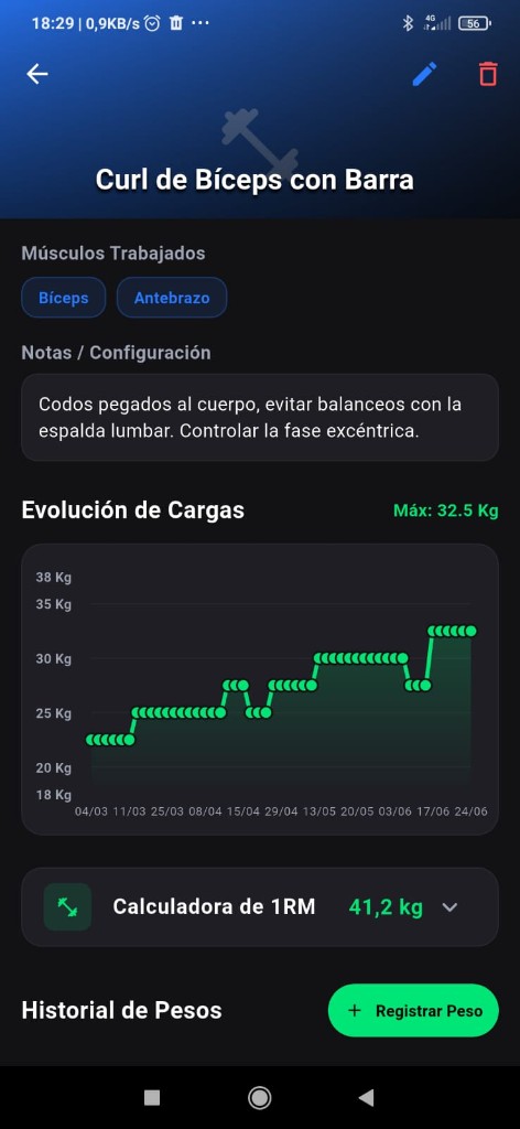 Detalle de ejercicio con gráfico de evolución