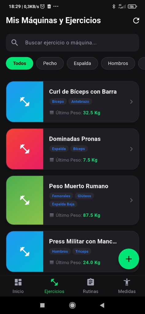 Lista de ejercicios con último peso registrado
