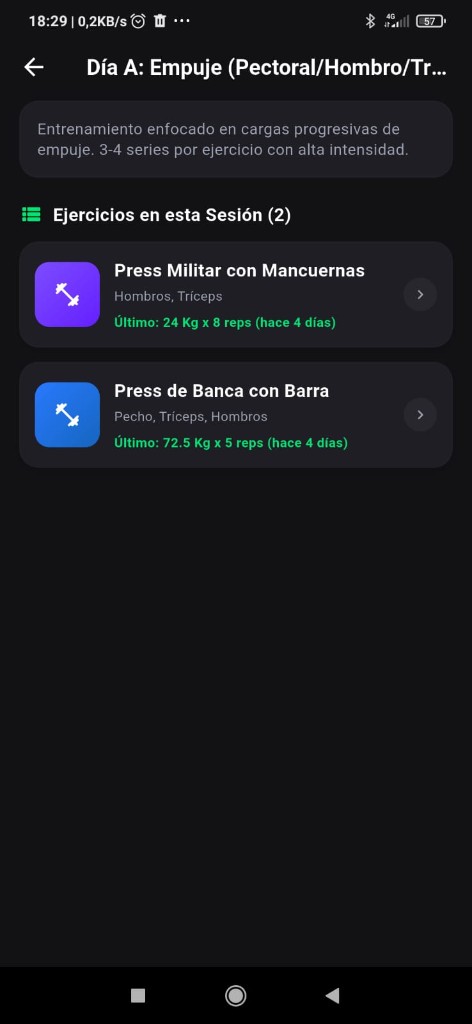 Detalle de rutina con ejercicios y último rendimiento