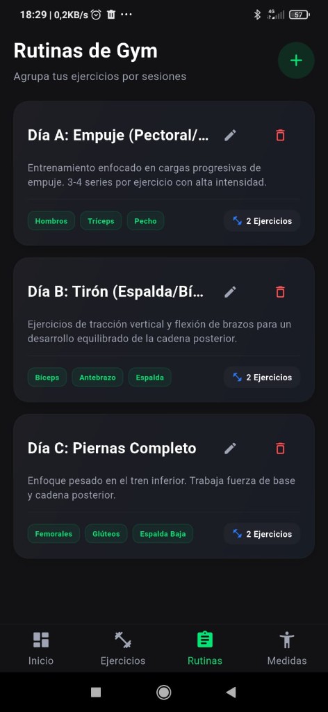 Lista de rutinas de gimnasio